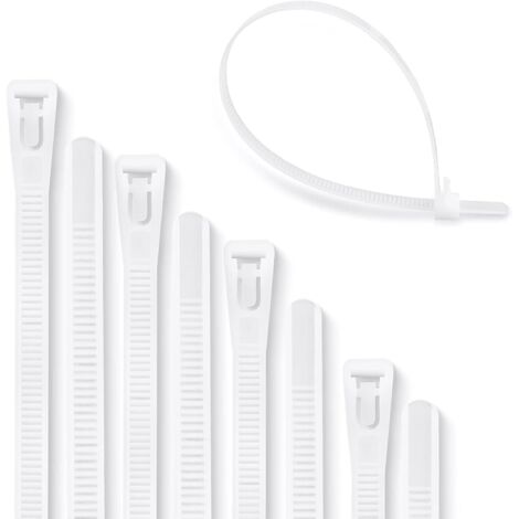 Lot de 100 attaches de câble réutilisables, attaches robustes en nylon résistant (200 mm x 7,6 mm, blanches) (1/5)