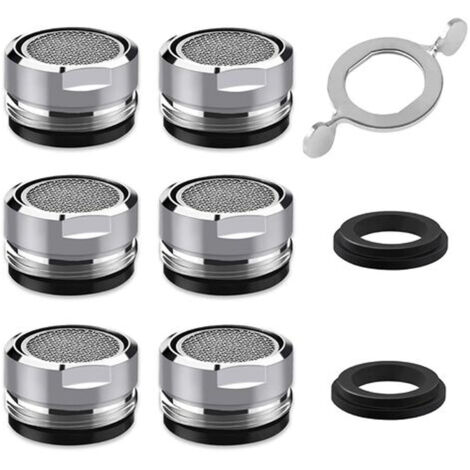 Aérateur de robinet M24, lot de 6 aérateurs de robinet à économie d'eau avec filtre en acier inoxydable et ABS, comprenant 8 joints et 1 clé d'aérateur chromée. (1/5)