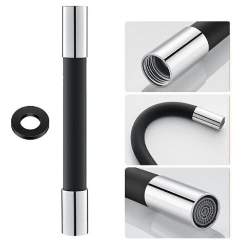 Tuyau d'extension de robinet flexible en silicone noir de 30 cm, 360°, avec joint étanche et aérateur. (1/5)