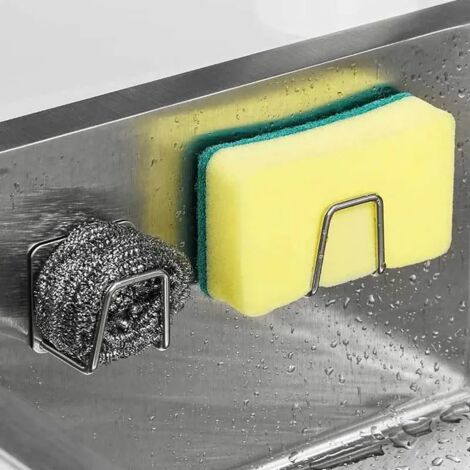 Porte-éponge d'évier (1 pièce) en acier inoxydable argenté, avec système de drainage et rangement pour torchons. (1/5)