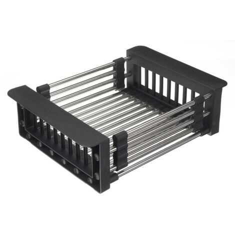 Panier d'évier coulissant en acier inoxydable, bac à légumes épais, égouttoir, grille d'évier, grand panier noir épais (1/5)