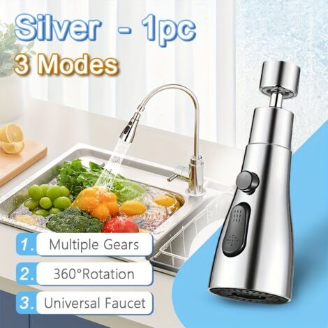 Rallonge de robinet de cuisine à 3 jets avec aérateur anti-éclaboussures - Tête pivotante à 360°, pulvérisateur haute pression, buse à 3 modes (bulles/nettoyage/jet), classique... (1/5)