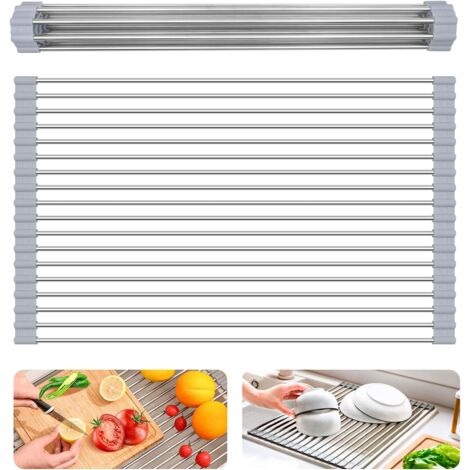 Égouttoir à vaisselle pliable, égouttoir de cuisine à poser sur l'évier, égouttoir multifonctionnel pliable, tube en silicone antidérapant et acier inoxydable 304 (1/5)