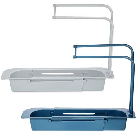 Lot de 2 supports télescopiques pour évier, avec panier d'égouttage extensible, porte-éponge et support pour bac à égoutter. (1/5)