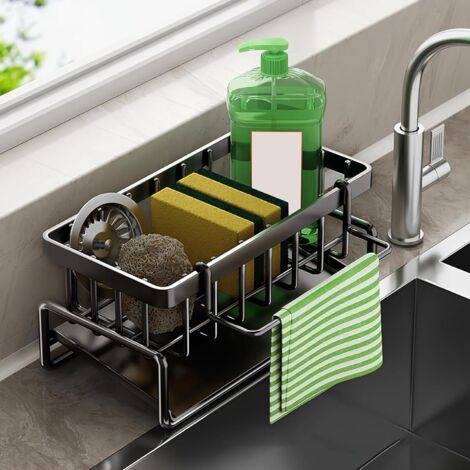 Organisateur de rangement multifonctionnel pour évier, porte-éponge en acier inoxydable noir, égouttoir de nettoyage de comptoir avec crochet à vaisselle amovible (1/5)