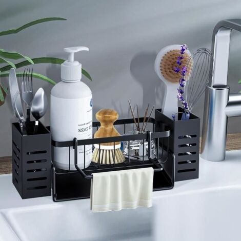 Rangement et organisation de la cuisine, organiseur d'évier avec égouttoir automatique, porte-éponge avec crochet pour serviette (1/4)