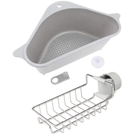 Ensemble comprenant une crépine d'évier, un panier de crépine et un porte-éponge de cuisine en métal, ainsi qu'un bac de rangement pour évier avec ventouse. (1/5)
