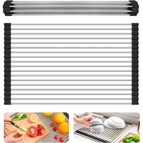 Égouttoir à vaisselle pliable, égouttoir de cuisine à poser sur l'évier, égouttoir multifonctionnel pliable, tube en silicone antidérapant et acier inoxydable 304 (1/5)