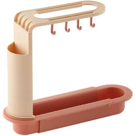 Porte-égouttoir télescopique pour évier, porte-savon et porte-éponge, barre à torchons, panier de rangement sanitaire réglable, articles ménagers (Couleur : Rose) (1/5)