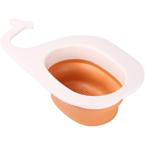 Égouttoir multifonctionnel pour évier, facile à nettoyer, pour fruits et légumes, blanc et orange. (1/5)