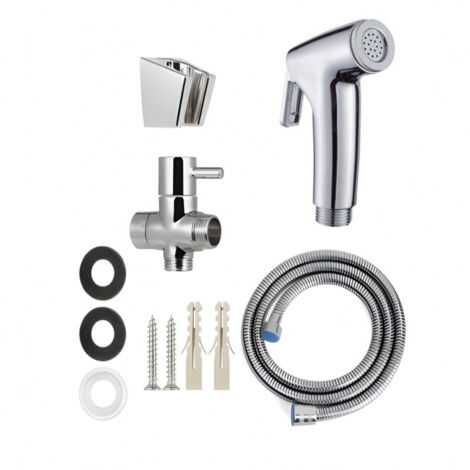Kit complet d'hygiène pour toilettes : robinet trois voies en laiton chromé, pommeau de douche en ABS, flexible de 1,5 m, support mural et accessoires. Installation facile et rapide. (1/4)