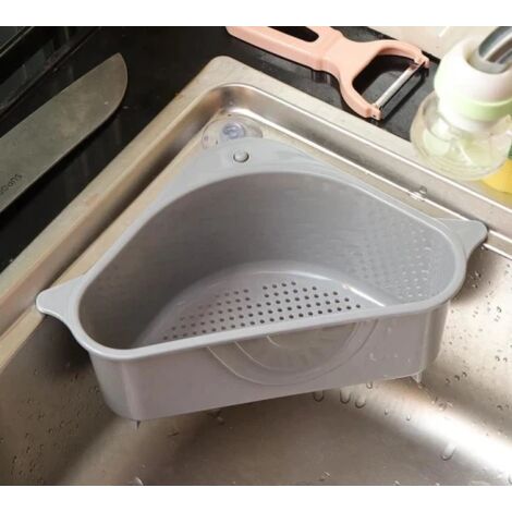 Égouttoir d'angle de cuisine avec ventouse, passoire à légumes, égouttoir, évier, rangement pour torchons, panier suspendu (1/3)