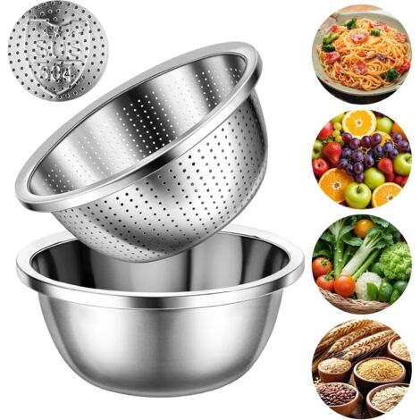 Ensemble de paniers filtrants micro-perforés en acier inoxydable 304 - Passoire de cuisine grande capacité de 3 litres et bol en acier inoxydable (ensemble de deux pièces) (1/5)
