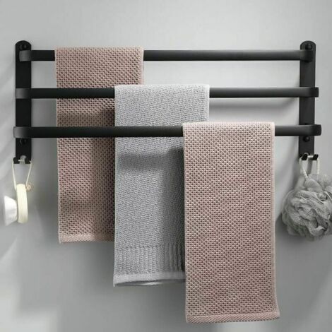 Porte-serviettes mural en aluminium à 3 niveaux avec crochets, 50 cm, étanche, noir, pour salle de bain/cuisine.-AquaForge (1/5)