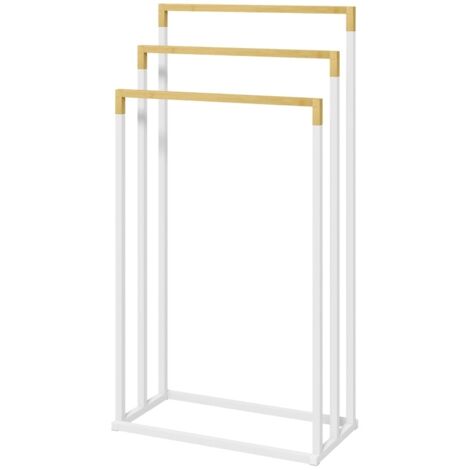 Porte-serviettes 3 pièces Rootz Kleankin - Porte-serviettes - Organisateur de salle de bain - Design industriel - Bambou et acier - 45 x 22,5 x 86 cm - Blanc et naturel-AquaForge (1/5)