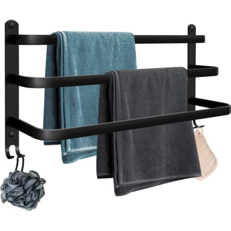 Porte-serviettes mural en aluminium, 3 étagères avec crochets, 60 cm - Étanche - Noir - Convient pour salle de bain, cuisine, buanderie-AquaForge (1/5)