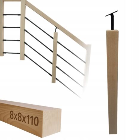 Holzpfosten - 8 x 8 x 110 cm - Buche - Kompletter Montagesatz - Ideal für verstellbare Geländer