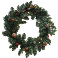 Corona de Navidad 60 cm con Luces, Piñas y Bolitas Rojas