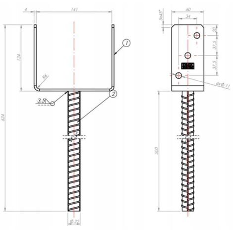 Base de poteau galvanisée 141x624x12mm (1/2)