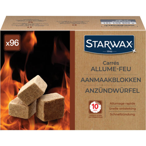 Starwax – Carrés allume-feu boîte de 96 – Allumage rapide sans odeur – Conforme NF/EN 1860-3 – Pour barbecues et cheminées (1/3)