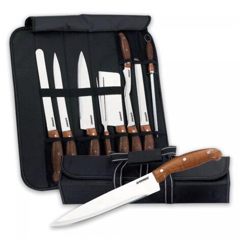 Ensemble de couteaux (9 pièces) - HERZBERG - HG-K9W - pochette roulante - 7 couteaux - aiguiseur et fourchette