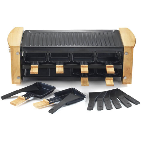 Kitchenchef – Appareil à raclette 1200W pour 8 personnes – Plaque gril anti-adhésive – Corps en bois véritable – Thermostat réglable