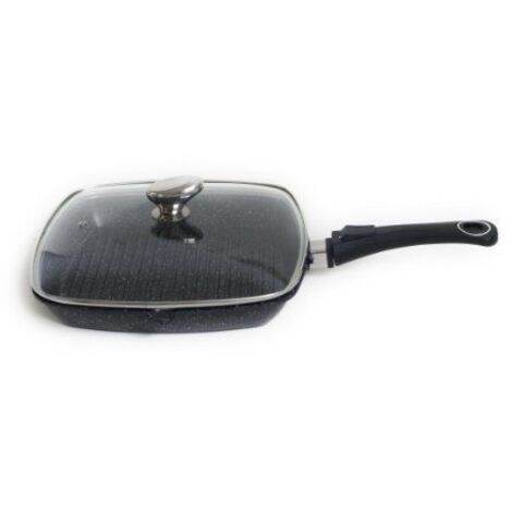 Poêle grill 28 x 28 cm "Façon pierre" + couvercle en verre - PRADEL EXCELLENCE - PREMIUM - Compatible tous feux. Manche amovible. (1/4)