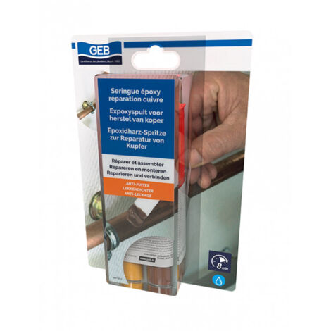 GEB – Colle époxy pour cuivre 28g – Réparation fuites et fissures – Prise rapide 5 min – Tenue jusqu'à 20 bars – Compatible eau et produits ménagers