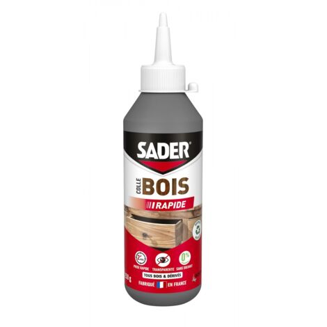 Colle à bois transparente 250g – Prise rapide 2 min – Résistance à +70°C – Pour tous bois intérieurs – Application précise – Sader (1/5)