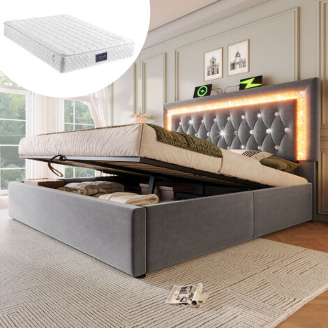 Bett Doppelbett Stauraum 140x200 Samt mit Matratze OKMYHOME (1/5)