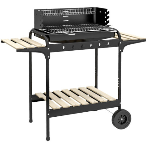 Barbecue fumoir à charbon de bois en métal avec roulettes, grille réglable en hauteur, étagère en bois, 103 x 47 x 95 cm, noir (1/5)