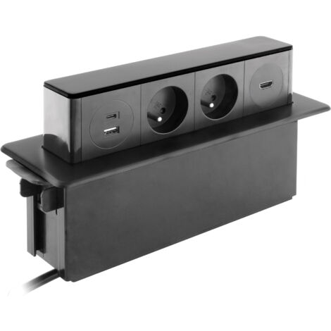 Otio – Bloc multiprise encastrable 3 prises 16A + 2 ports USB Quick Charge – Finition inox noir brossé – Installation facile et rapide