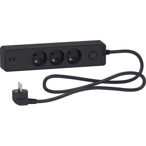 Schneider Electric – Bloc multiprise 3 prises 2P+T avec 2 ports USB 2,4A – Câble 1,5m en polypropylène – Interrupteur ON/OFF lumineux