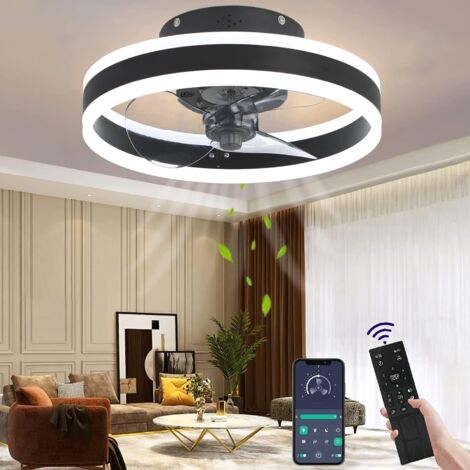 Ventilateur de plafond silencieux à LED – Télécommande – 6 vitesses – Minuterie 2h – Abat-jour fer et polycarbonate – 48W – Noir 40cm