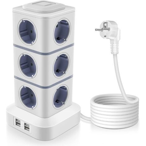 Multiprise,Tour Multiprise, 12 Prises Multiprise Electrique (2500W / 10A) avec 4 Ports USB, Multi Prises électriques Parafoudre Multiprise Verticale pour Maison Bureau, Rallonge 3M (1/5)