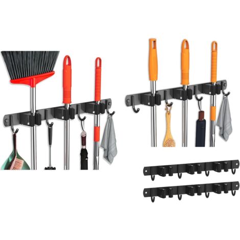 Ensemble avec 2 pièces porte-brosse mural, porte-outils composé de 3 supports et 4 crochets, porte-balai auto-adhésif organisateur d'outils pour la maison, la cuisine et la salle de bain (1/5)