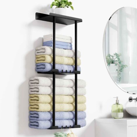 Ling Porte-serviettes mural sans perçage - Pour salle de bain - Noir mat - Avec 6 crochets et garde-corps - Pour salle de bain et cuisine - Noir (1/5)
