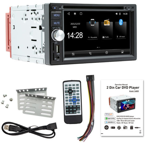Autoradio double DIN 6,2 pouces avec écran tactile – Carplay, Bluetooth, 12 caméras de recul LED – Mirror Link, DVD, AUX (1/5)