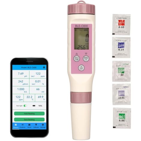 Testeur de pH-mètre Bluetooth 7-en-1 – Mesure pH/TDS/EC/ORP/S.G/salinité – Résolution 0,01 – Écran LCD rétroéclairé - 7-IN-1