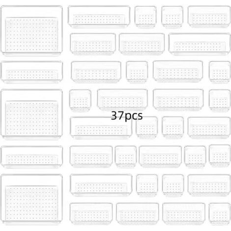 Organiseur de Tiroir 37 PCS, Séparateurs de Tiroir Réglables avec 4 tailles, Organiseur de Cuisine en Plastique, Organiseur de Coiffeuse pour Maquillage, Salle de Bain, Bureau, Réfrigérateur (1/4)