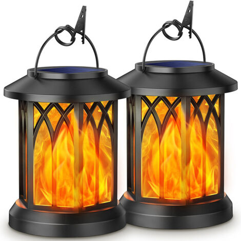 Lampe Solaire Exterieur Jardin Suspendues, 2 Pièces Lumiere Solaire Exterieur avec Effets de Flammes Réalistes, IP65 Étanche Lanterne Deco Jardin Exterieur avec Clips pour Cour Balcon Cadeaux