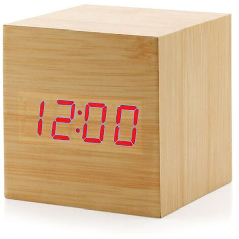 Horloge réveil numérique en bois LED – Affichage heure, date, température – 3 niveaux de luminosité – Design cube moderne 6x6x6cm (1/5)