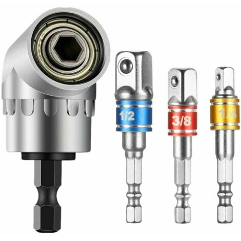 1pc Foret à Angle Droit et 3pcs Adaptateur Douille 1/2"3/8"1/4" Kit Renvoi dangle Visseuse de 105 Degrés Magnétique Changement Rapide Perceuse Electrique Acce,STAR.L (1/5)