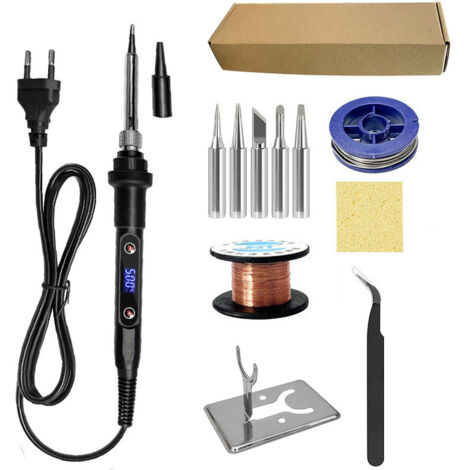 Fer à Souder Set,80W Température Réglable 180-520°C Electronique de Precision avec Interrupteur ON/OFF, 5 Conseils de soudage,Barre de Soudure pour la Maintenance Electrique (Noir) (1/5)