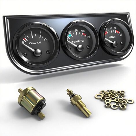 3-in-1 52mm Triple Gauge Cluster kit Oil Pressure,Water Temp & Voltmeter with Black Dashboard Console Universal Fit for Cars,Trucks,Marine,Tractors & 12V Vehicles Easy Installation (1/5)