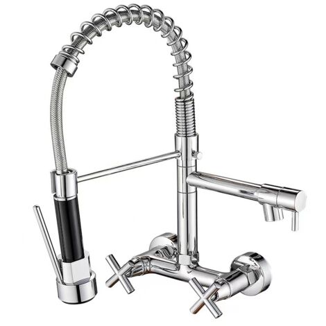 Robinet mural de cuisine 8 pouces – Pulvérisateur extractible double mode – Bec pivotant 360° – Finition chrome résistante à la corrosion (1/5)