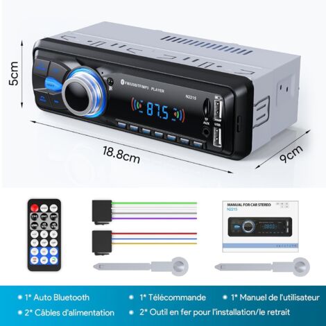 Autoradio Bluetooth Main Libre 5.0, FM Poste Radio Voiture Bluetooth, Autoradio 1 Din pour 9-12V Voiture Supporte 2 USB/AUX/SD/TF/MP3, Supporte iOS/Android (1/5)