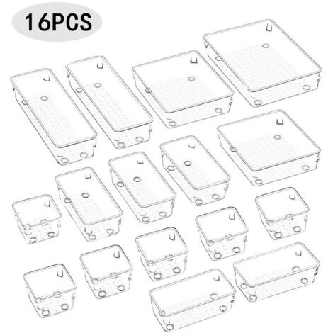 Organisateur Maquillage Lot de 16, Plateaux de Rangement Plastique Boîte Stockage, Organiseurs de Tiroir pour Cosmétiques, Bureau, Cuisine (Transparent) (1/4)