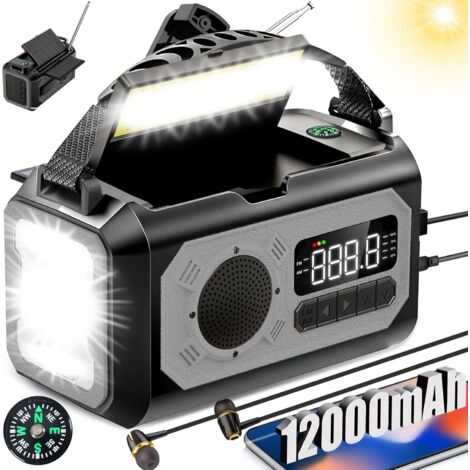 12000mAh AM/FM Radio Solaire avec Manivelle, 2 Panneaux Solaires, Câble USB,3 Méthodes de Chargement,Alarme SOS,Lampe de Poche,Chargeur de Téléphone, Boussole,Prise pour Casque D'écoute -Gris (1/5)