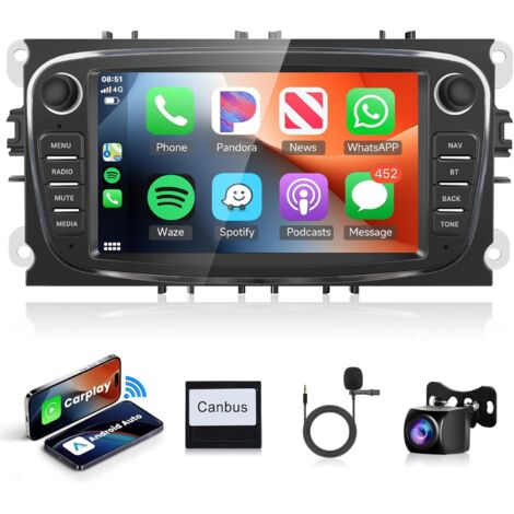 Autoradio Android 2 Din 7 pouces avec GPS WiFi – Carplay sans fil et Android Auto – Caméra de recul AHD – Bluetooth FM/RDS pour Ford